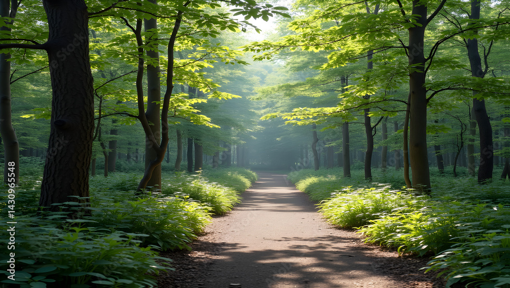 Fototapeta premium Serene forest trail with sculpture installations