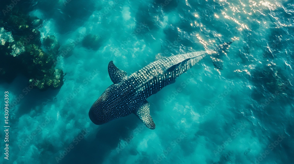 Giant whale shark gliding peacefully through crystal clear blue waters sunlight shimmering on its spotted back marine wildlife beauty Giant whale shark gliding peacefully through crystal clear blue waters sunlight shimmering on its spotted back marine wildlife beauty