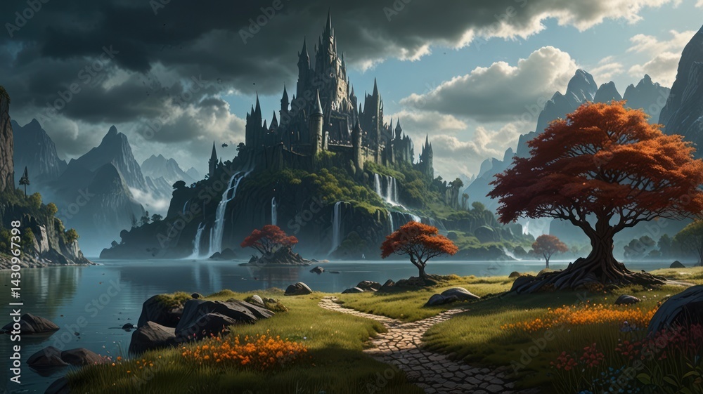 Obraz premium Majestic castle on island, autumn foliage, misty mountains, calm lake; fantasy art