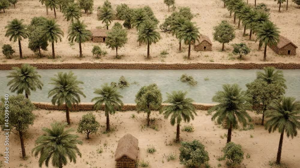 Ancient irrigation system model with palm trees and small huts in arid landscape, a historical representation of river valley civilization