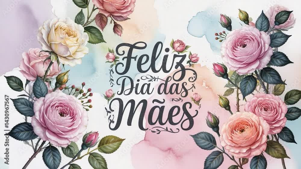 An artistic watercolor design of roses with a happy Mother's Day message in the Portuguese language.