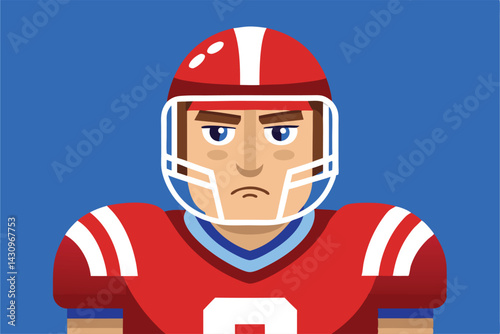 American football player, red helmet, white face mask, red and white uniform, determined expression, retro style illustration, flat colors, blue background, sports portrait