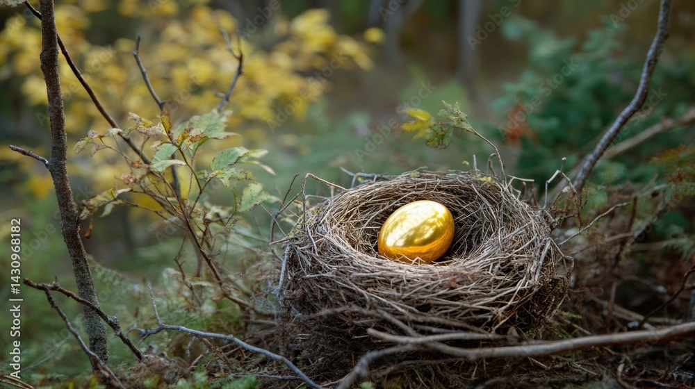 Nest With Golden Egg Symbolizes the Contrast Between Nature and Value in a Tranquil Forest Setting Generative AI
