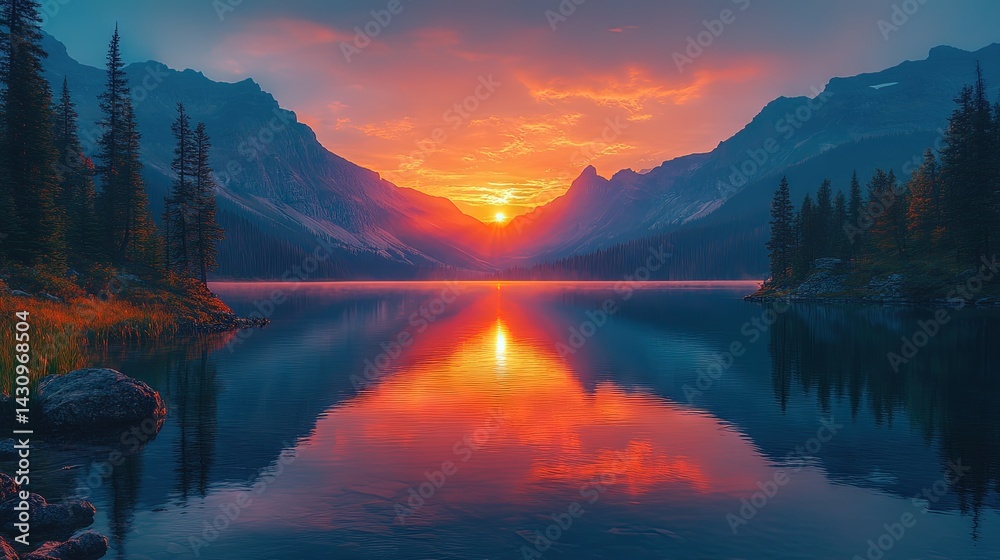 Lake reflects sunset between mountains with trees on either side. Lake reflects sunset between mountains with trees on either side.