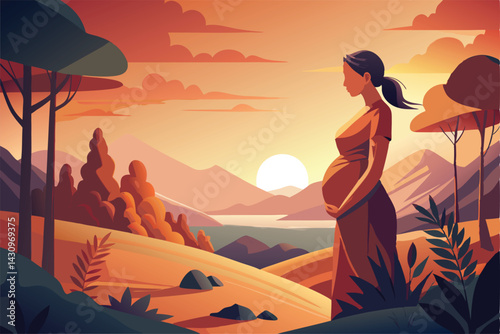 Pregnant woman silhouette, sunset landscape, warm orange sky, rolling hills, desert scenery