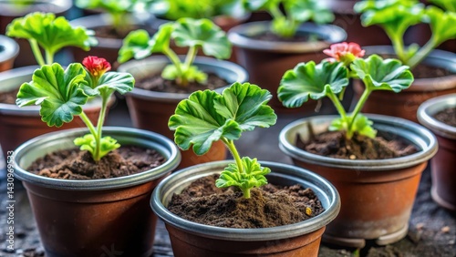 Pelargonium zonal seedlings in plastic flower pots