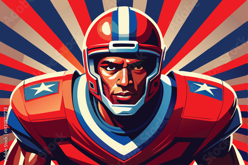 American football player, red helmet, white face mask, red and white uniform, determined expression, retro style illustration, flat colors, blue background, sports portrait