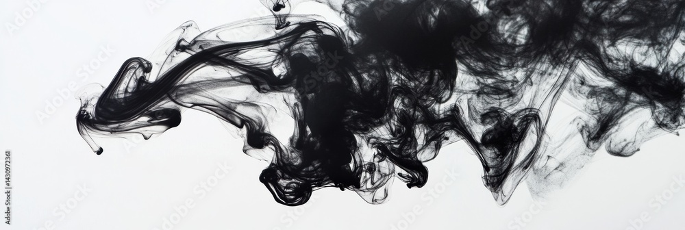 Black Ink Gracefully Swirls in Clear Water Creating Elegant, Flowing Shapes With Soft Curves on a Bright White Background Generative AI