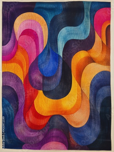 Abstract painting with wavy shapes in vibrant colors against a dark background.