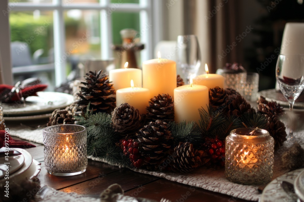 Naklejka premium Christmas Table Centerpiece with Candles and Pinecones in Cozy Dining Room Setting