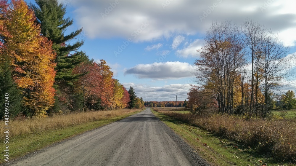 Fototapeta premium Picturesque autumn road with colorful trees and a cloudy sky creating a scenic view perfect for travel and landscape photography