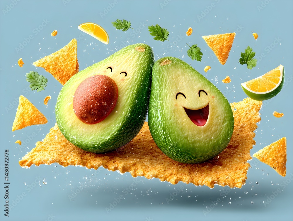 A playful and humorous cartoon of a laughing avocado joyfully riding a tortilla chip, full of character and fun.