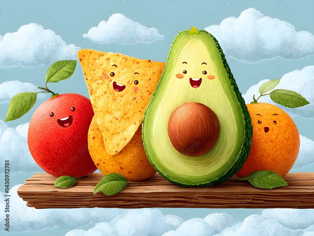 A playful and humorous cartoon of a laughing avocado, apple, orange, and tortilla chip, on wood in the sky.