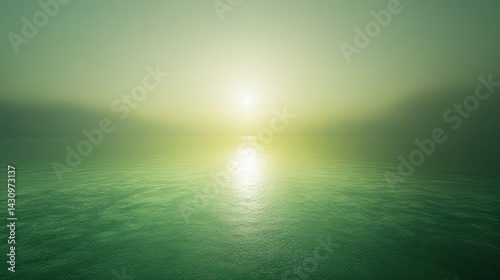 Green sunrise, calm sea, misty horizon, serene