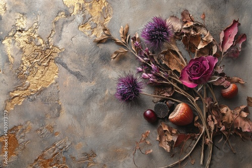 Dried flowers, thistle, rose, and autumnal elements arranged on a textured gold and grey background.