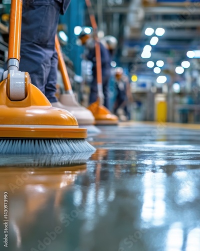 Industrial cleaning team asia. Workers Scrubbing Factory Floor with Orange Brushes