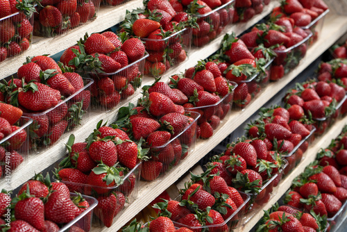 Close-up of ripe strawberries for sale on market stall. Fresh strawberries in plastic cups displayed at a street market stall