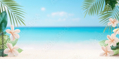 Tropical Beach Scene With Plumeria Flowers And Palm Leaves
