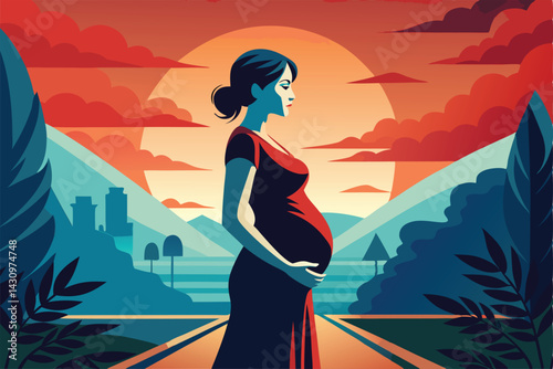 pregnant woman silhouette, side view, flowing hair, expectant mother