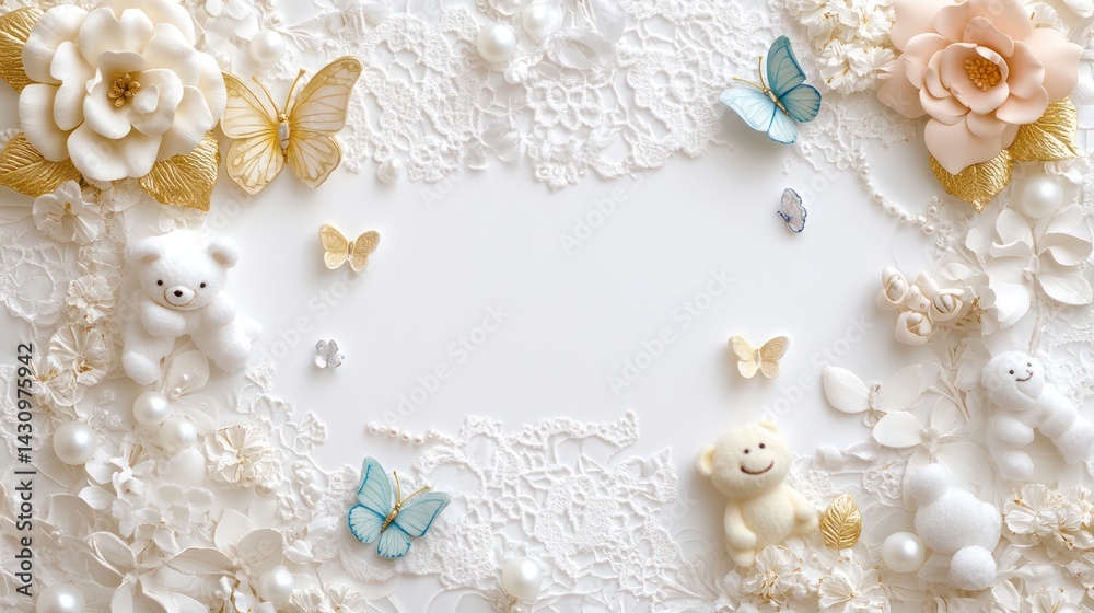 White lace frame with teddy bears, flowers, and butterflies. Background for card White lace frame with teddy bears, flowers, and butterflies. Background for card