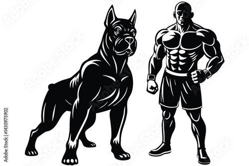 Muscular bodybuilder, powerful dog, black and white illustration