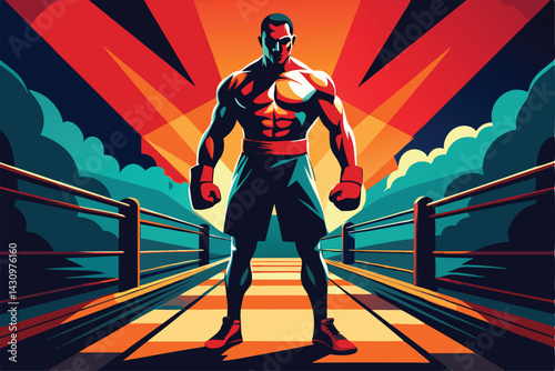 Boxing ring, muscular fighter, dramatic lighting, neon colors, retro style artwork, comic book aesthetic, powerful stance,