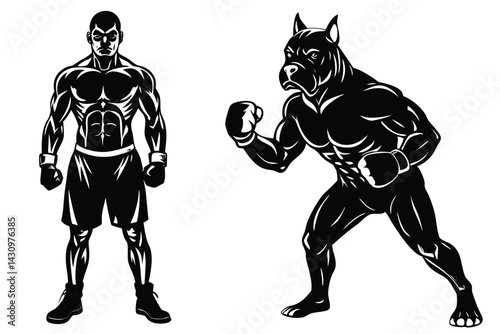 Superhero silhouettes, anthropomorphic wolf creature, muscular figures, black and white illustration