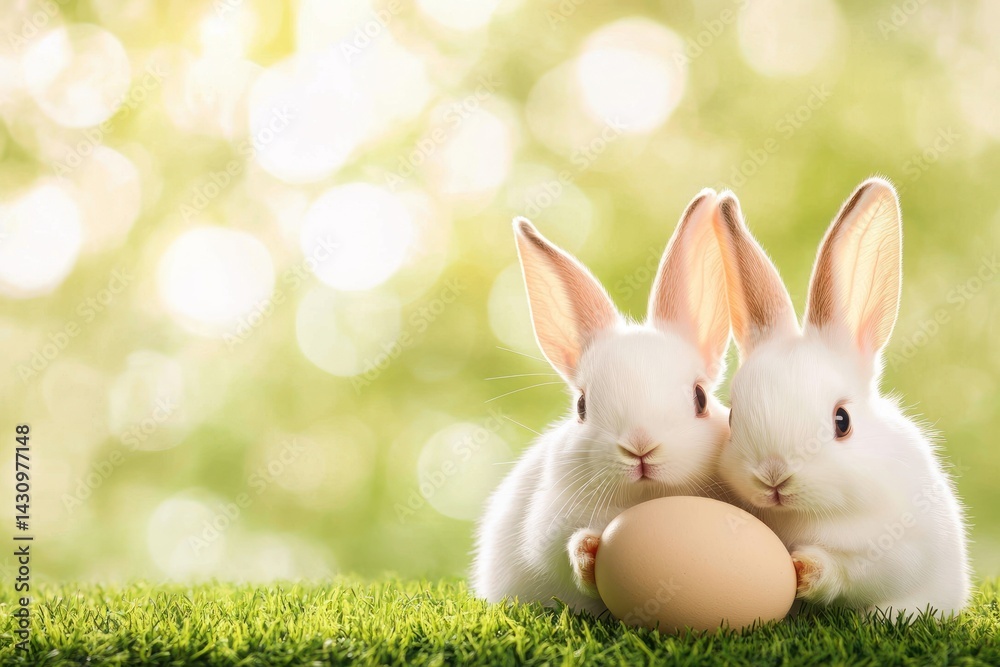 Obraz premium Two White Rabbits Hold An Easter Egg