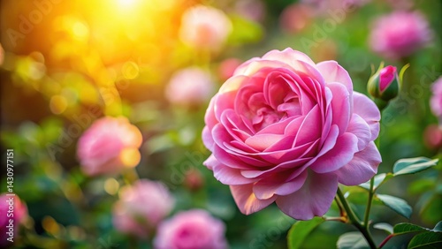 Beautiful Pink Rose Flower Closeup in Garden at Dawn, blooming roses, garden blooms