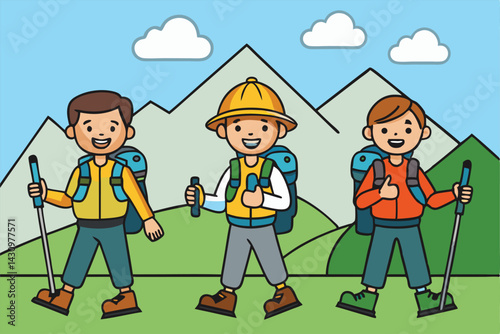 Cartoon illustration of three hikers, children, backpacks, hiking poles, mountains, outdoor adventure