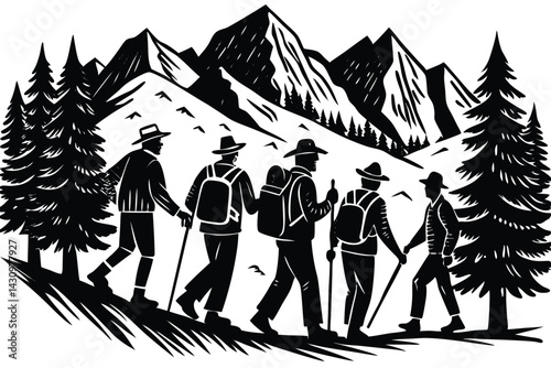A black and white illustration, silhouettes of hikers, mountain landscape, pine trees, rugged peaks, group of people walking, outdoor adventure