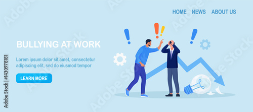 Abuse or bullying colleagues. Boss scolding, rebuking incompetent employee. Businessman as victim of bullies. Fear of failure, loser afraid of business mistake, anxiety or stressed from work pressure