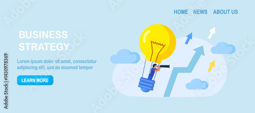Search for new business idea, opportunity, inspiration. Businessman flying in hot air balloon as light bulb. Person using spyglass, telescope looking for vision, future. Innovation successful project