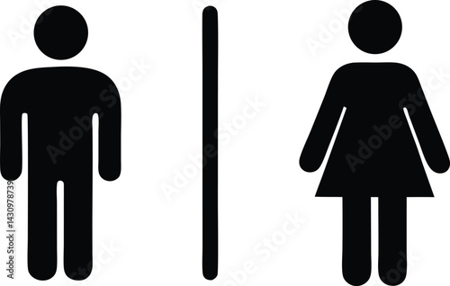 A black and white illustration of a man and woman restroom sign with a divider