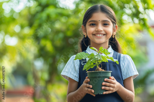 Smiling Indian girl in school uniform holding a small plant in pot, standing against a clean green schoolyard