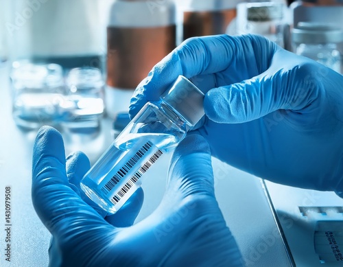 Glove with laboratory sample, laboratory assistant researching a vaccine