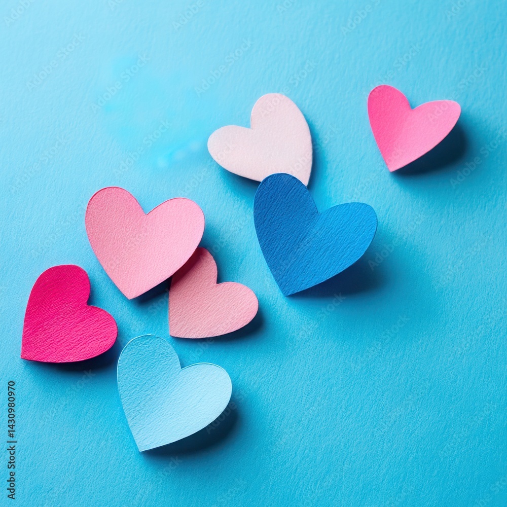 Obraz premium Colorful paper hearts decoration on blue background