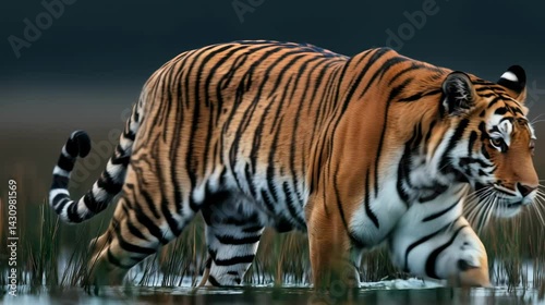 A Bengal tiger prowls through tall grass in a wetland environment, showcasing its natural habitat and striking striped coat.