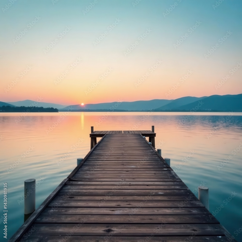 Fototapeta premium Wooden jetty extending into calm Chiemsee waters, beautiful, boat
