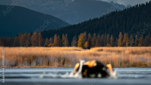 A golden eagle with wings spread wide is captured in mid-flight skimming the surface of a lake with a scenic mountainous background.