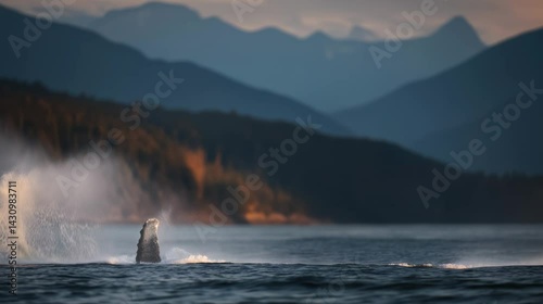 A humpback whale breaches the ocean surface with forest and mountains in the background during sunset.
