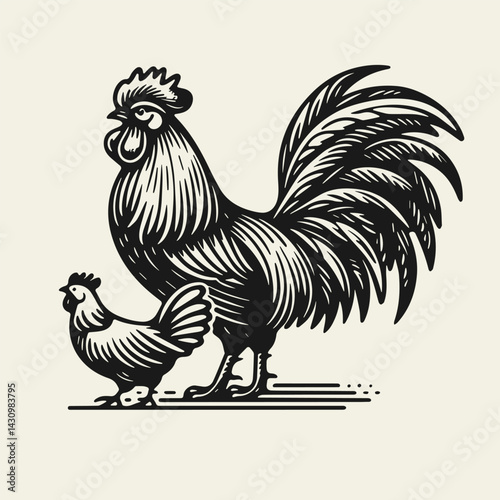 Rooster and chicken, farm birds, monochrome vector illustration.