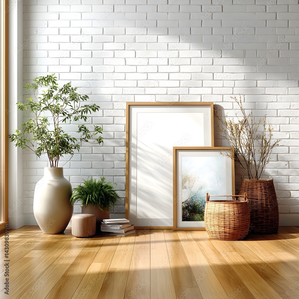 A clean and minimalistic poster frame mockup displayed on a white brick wall, ideal for showcasing artwork, prints, or design presentations.