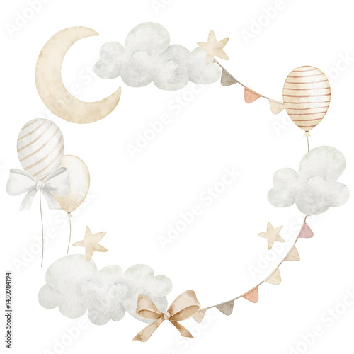 Wallpaper Mural Watercolor sky wreath with balloons, clouds, and moon. Illustration for baby shower cards or newborn party invitations. Art for Birthday templates or nursery poster in pastel colors. Torontodigital.ca