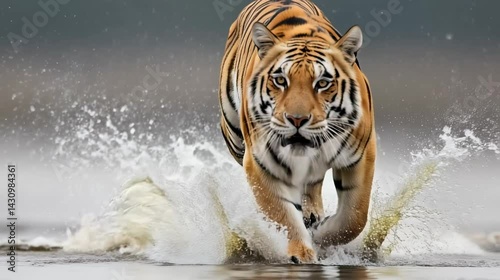 A tiger sprints through shallow water, creating splashes and displaying its power and agility.