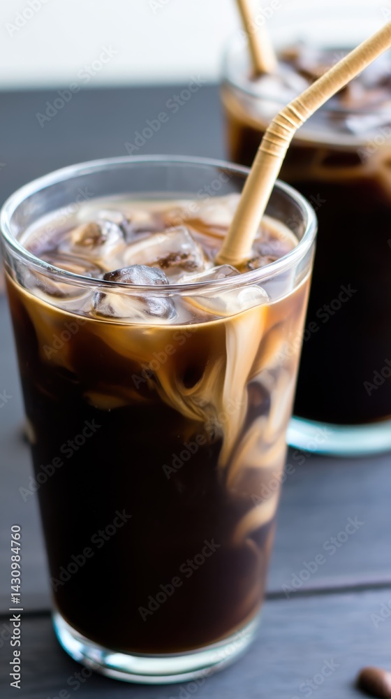 Refreshing iced coffee drink with straw and cream swirl close up view Refreshing iced coffee drink with straw and cream swirl close up view