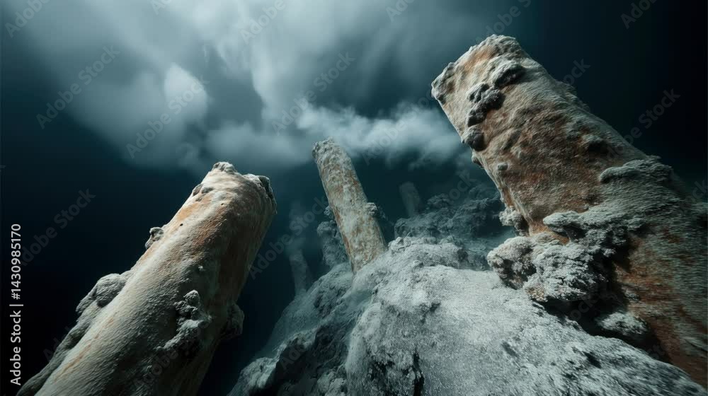 Underwater hydrothermal vent structures release mineral-rich smoke into the surrounding deep ocean.