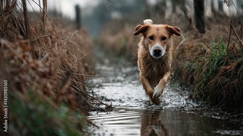 Wallpaper Mural Dog running through muddy field outdoor realistic photograph natural environment low angle midjourney concept Torontodigital.ca