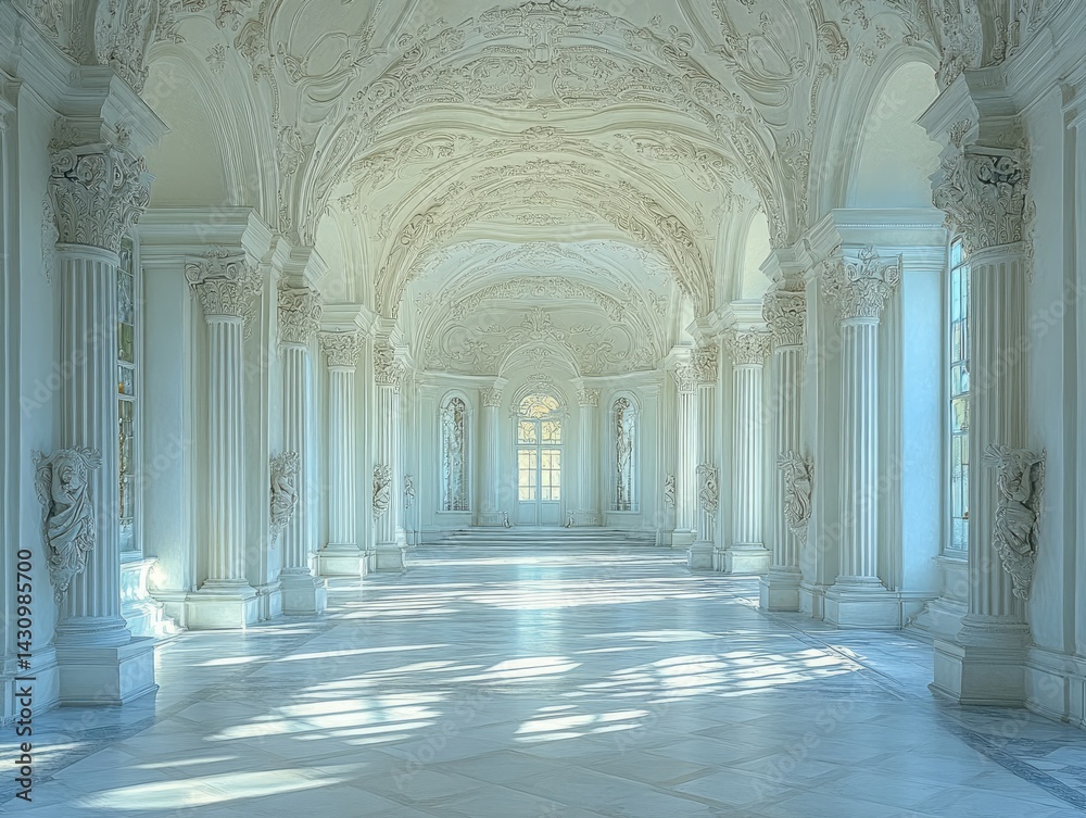 Fototapeta premium Long hallway with white marble columns and arched ceiling light shining through.