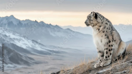 A snow leopard perched on a rocky ledge overlooks a snowy mountain landscape at sunset.